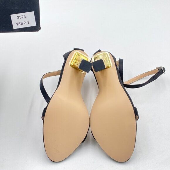 FSJ Black Bows Gold Metal Chain Chunky High Heels Ankle Strap Open Toe Sandals - Picture 7 of 8